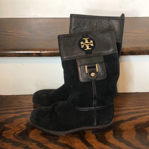 Tory Burch Black Suede Leather Cuff Mid Calf Boots Size 7 - Picture 10 of 16